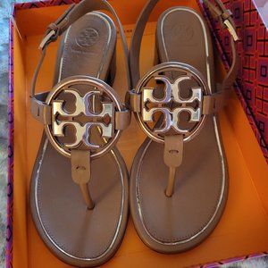 Tory Burch Size 7.5 Tan / Rose Gold Metal Miller 50MM Sandal